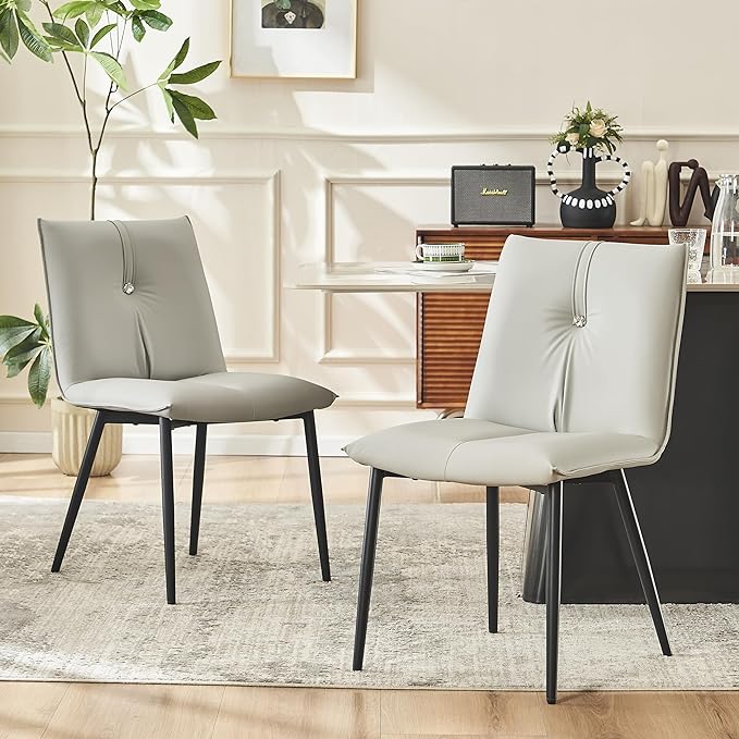YOUTASTE Modern Dining Chairs Set of 2 Upholstered Leather Kitchen Chairs Soft Padded Side Chairs Dinner Chairs with Metal Legs for Living Room Bedroom, Light Grey - LeafyLoom