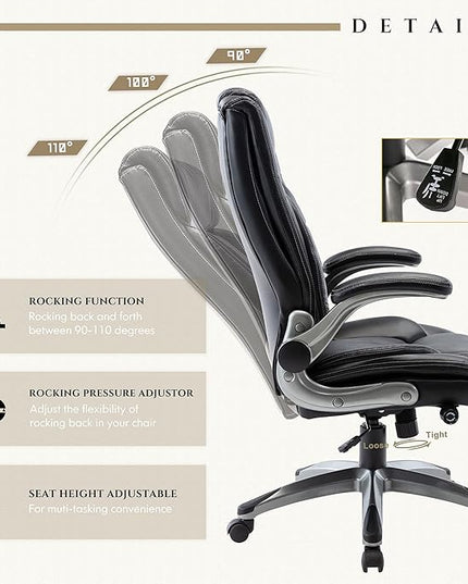Office Chair Ergonomic Computer Chair, Executive Desk Chair with Adjustable Lumbar Support and Flip-up Arms, Swivel Rolling Work Chair-Black - LeafyLoom