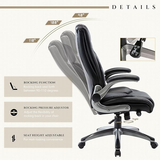 Office Chair Ergonomic Computer Chair, Executive Desk Chair with Adjustable Lumbar Support and Flip-up Arms, Swivel Rolling Work Chair-Black - LeafyLoom