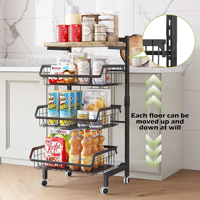 COVAODQ Fruit Basket 4-Tier Adjustable Fruit Vegetable Basket Cart Metal Wire Storage Cart Rolling Pantry Utility Kitchen Cart - LeafyLoom