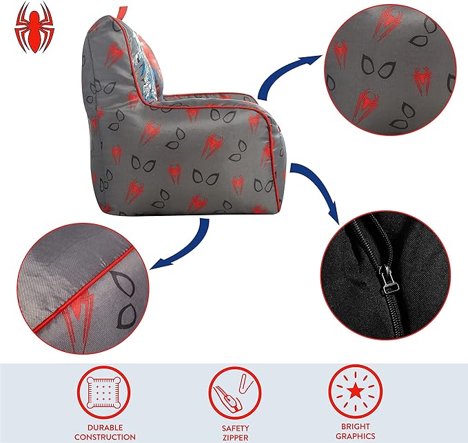 Idea Nuova Marvel Spiderman Toddler Nylon Bean Bag Chair with Piping & Top Carry Handle, Large - LeafyLoom