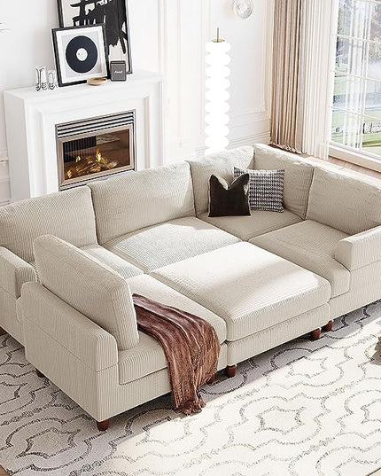 Oversized Modular Sectional Ottomans,6 Seater Corduroy Upholstery L Shaped Reversible Corner, 98" Symmetrical Convertible Sleeper Sofa & Couch Free Combination, Beige Comfy - LeafyLoom