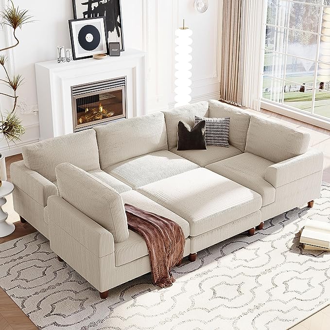 Free Combination Symmetrical Modular Sectional Sofa with Movable Ottoman,Corduroy Upholstered Convertible Sleeper Couch,6 Seater Oversized Reversible Corner Sofa&Couch for Living Room Office - LeafyLoom