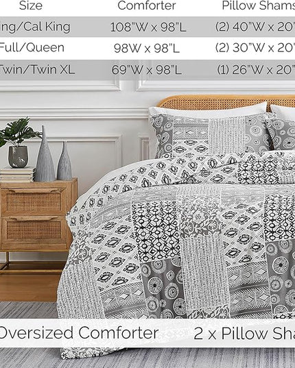 Southshore Fine Living, Inc. Full/Queen Size Comforter Bedding Set with Pillow Shams, Reversible Global Patchwork Quilt is 2 Colors in 1 - Alternative Down Comforter Queen/Full, Grey & White - LeafyLoom