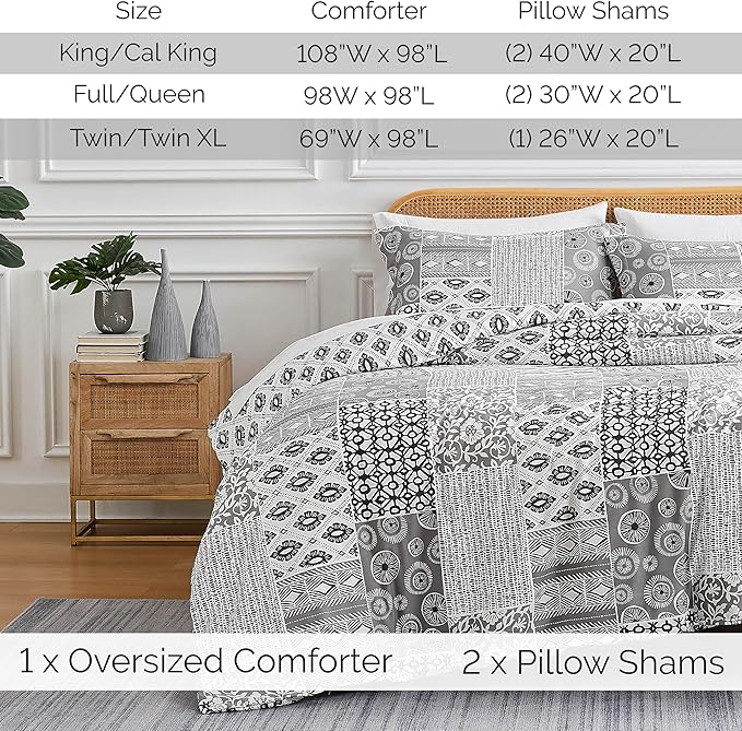 Southshore Fine Living, Inc. Full/Queen Size Comforter Bedding Set with Pillow Shams, Reversible Global Patchwork Quilt is 2 Colors in 1 - Alternative Down Comforter Queen/Full, Grey & White - LeafyLoom