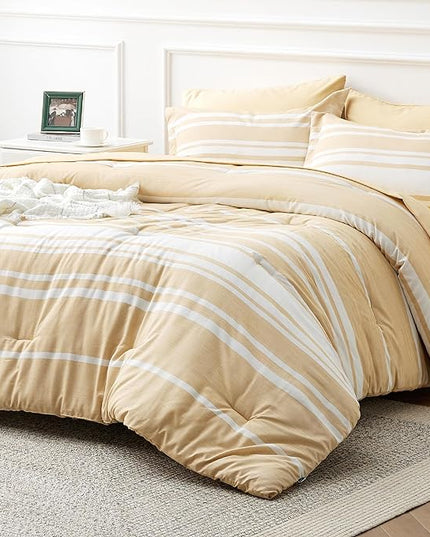 Bedsure Bed in a Bag King Size 7-Piece Yellow White Striped Bedding Comforter Sets All Season Bed Set, 2 Pillow Shams, Flat Sheet, Fitted Sheet and 2 Pillowcases - LeafyLoom