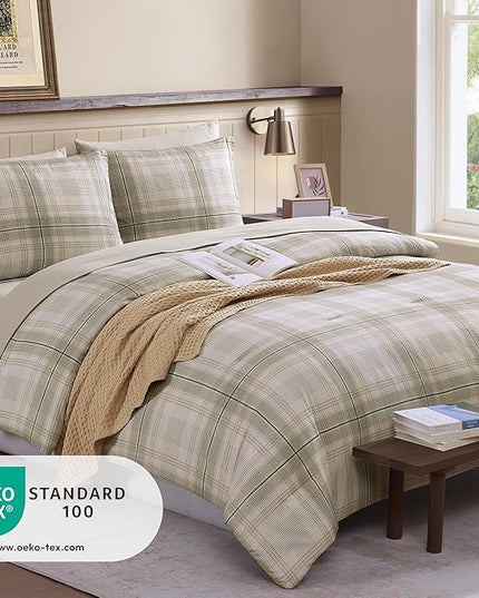 Beige King Size Comforter, Khaki Green Plaid King Comforter Set or Boys & Girls,Classic Homestead-style King Bedding Sets with King Size Bed Sheets and Comforter Sets - LeafyLoom