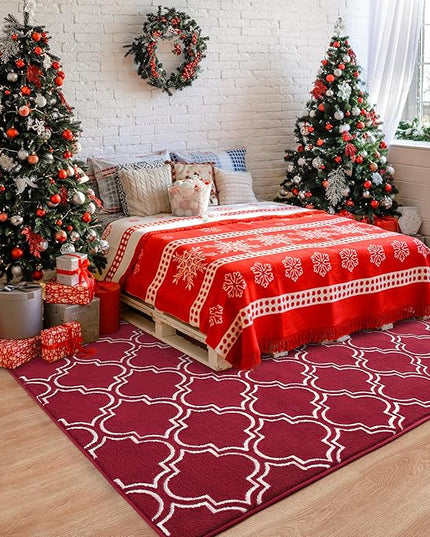 Chicrug Shag Geometric 4x6 Area Rug for Living Room, Large Modern Memory Foam Indoor Carpet, Fluffy Rug for Bedroom Bedside Room Decor for Family Girls Kids Nursery, Wine Red/White - LeafyLoom