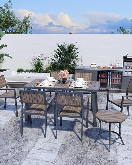 Pamapic 8-Piece Patio Dining Set，Outdoor Aluminum Furniture Set with Plastic-Wood Table Top,Outdoor Furniture Set with 6 Outdoor Stackable Chairs for Patio Garden Poolside (Black) - LeafyLoom