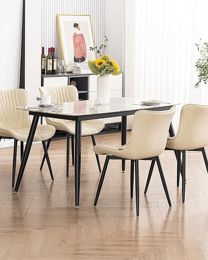 YOUTASTE Dining Chairs Set of 2 Upholstered Mid Century Modern Kitchen Dining Room Chairs Armless Faux Leather Accent Chairs Metal Vanity Lounge Chair with Back for Living Room Bedrooms,Beige - LeafyLoom