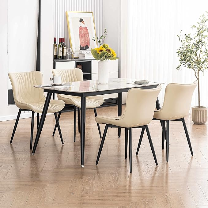YOUTASTE Dining Chairs Set of 2 Upholstered Mid Century Modern Kitchen Dining Room Chairs Armless Faux Leather Accent Chairs Metal Vanity Lounge Chair with Back for Living Room Bedrooms,Beige - LeafyLoom