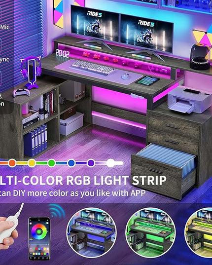DWVO L Shaped Desk with Power Outlets & LED Lights, 65" Computer Desk with Drawers, Corner Desk Office Desk with File Cabinet & Printer Stand, Grey - LeafyLoom