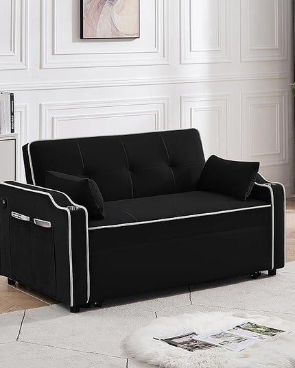 3-in-1 Velvet Upholstered Sofabed Tufted Futon Loveseat Sofa Convertible Sleeper Couch Bed with Cupholders and USB Charging Ports,Modern 2-Seaters Love Seat Daybed for Living Room, 55.2", Black1 - LeafyLoom