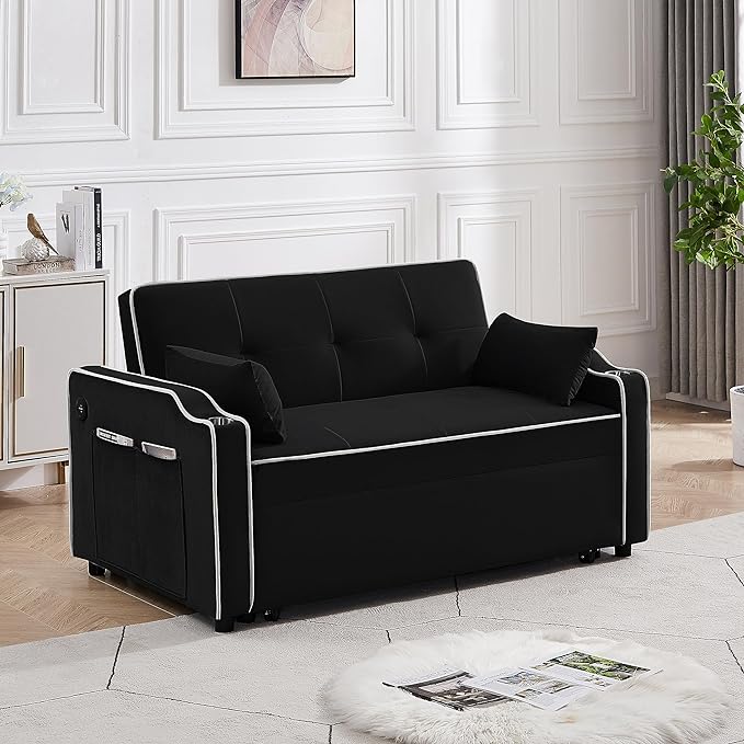 3-in-1 Velvet Upholstered Sofabed Tufted Futon Loveseat Sofa Convertible Sleeper Couch Bed with Cupholders and USB Charging Ports,Modern 2-Seaters Love Seat Daybed for Living Room, 55.2", Black1 - LeafyLoom