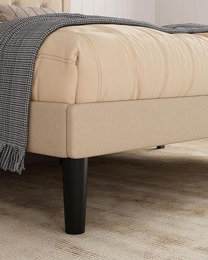 Allewie Full Size Button Tufted Platform Bed Frame/Fabric Upholstered Bed Frame with Adjustable Headboard/Wood Slat Support/Mattress Foundation/Beige (Full) - LeafyLoom