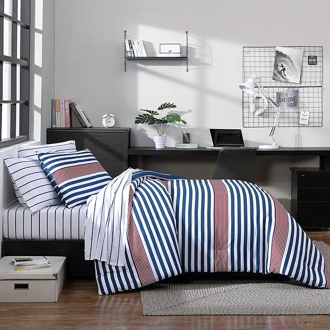 Nautica - Comforter Set, Soft Reversible Bedding with Matching Shams, Striped Home Decor (Kennedy Stripe Navy Blue, King) - LeafyLoom