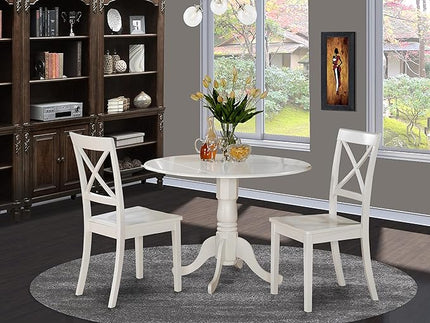 East West Furniture DLBO3-WHI-W 3 Piece Dining Room Table Set Contains a Round Kitchen Table with Dropleaf and 2 Dining Chairs, 42x42 Inch, Linen White - LeafyLoom