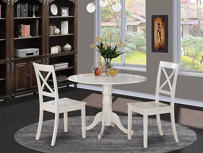 East West Furniture DLBO3-WHI-W 3 Piece Dining Room Table Set Contains a Round Kitchen Table with Dropleaf and 2 Dining Chairs, 42x42 Inch, Linen White - LeafyLoom