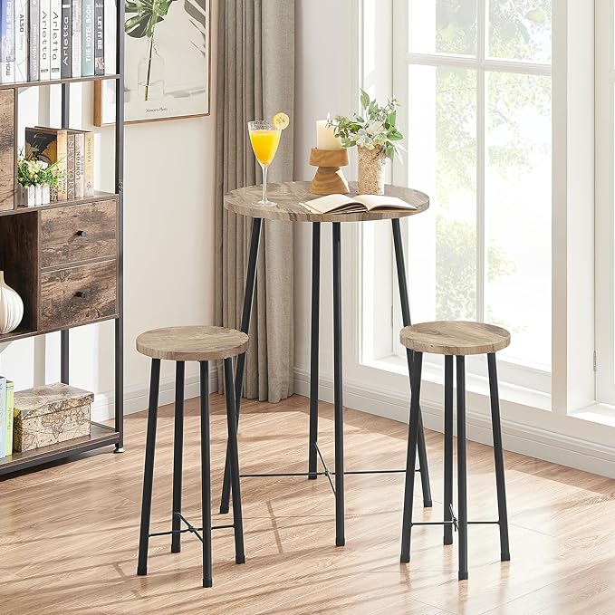 VECELO Small Bar Table and Chairs, Round Bistro Sets with 2 barstools, 3-Piece Pub Dining Furniture, Counter Height Wood Top for Breakfast Dinner Coffee Nap Conference, Easy Assembly,Maple - LeafyLoom
