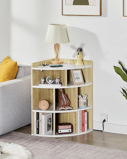 Vecelo Corner Cabinet with Charging Station, 3-Tier Cube Storage Organizer with USB Ports and Outlets, Triangle Bookcases Corner Shelf with 8 Cubbies for Playroom, Bedroom, Living Room, Marble White - LeafyLoom