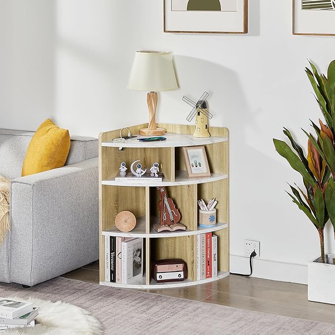 Vecelo Corner Cabinet with Charging Station, 3-Tier Cube Storage Organizer with USB Ports and Outlets, Triangle Bookcases Corner Shelf with 8 Cubbies for Playroom, Bedroom, Living Room, Marble White - LeafyLoom
