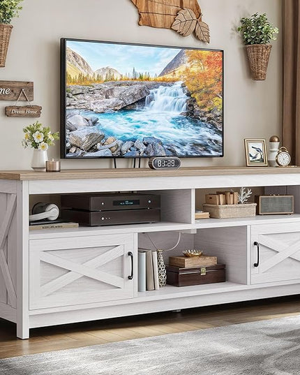 YITAHOME TV Stand for 75 Inch TV w/Power Outlets, Farmhouse Entertainment Center with Storage Cabinets, Rustic TV Cabinet Media Console Table for Living Room, 65'' Large TV Stand, Grey White/Grey Wash - LeafyLoom