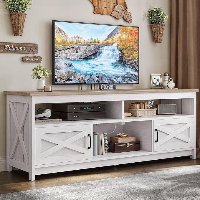 YITAHOME TV Stand for 75 Inch TV w/Power Outlets, Farmhouse Entertainment Center with Storage Cabinets, Rustic TV Cabinet Media Console Table for Living Room, 65'' Large TV Stand, Grey White/Grey Wash - LeafyLoom