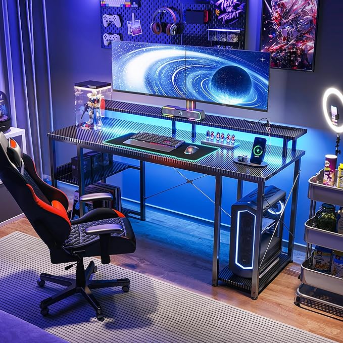 ODK 55 inch Computer Desk with Power Outlets & LED Lights, Gaming Desk with Monitor Stand & Storage Sheves, Home Office Desk, Carbon Fiber Black - LeafyLoom