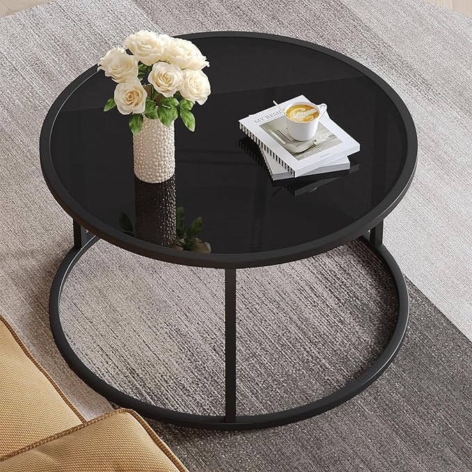 SAYGOER Black Glass Coffee Table Small Round Coffee Tables 27.6In Modern Tempered Glass-Top Accent Center Table for Living Room Home Office Small Space Easy Assembly - LeafyLoom