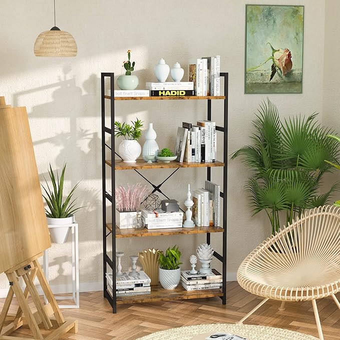 NUMENN 4 Tier Bookshelf, Tall Bookcase Shelf Storage Organizer, Modern Book Shelf for Bedroom, Living Room and Home Office, Vintage - LeafyLoom