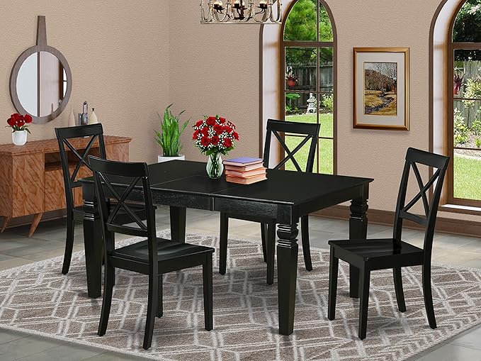 East West Furniture WEBO5-BLK-W 5 Piece Room Set Includes a Rectangle Kitchen Table with Butterfly Leaf and 4 Dining Chairs, 42x60 Inch, Black - LeafyLoom