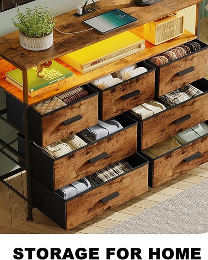 Dresser TV Stand with 7 Drawers, Dresser TV Stand with LED Lights & Power Outlets, Bedroom Dresser, Chest of Drawers up to 45'' Long TV, Wide Fabric Dresser with Open Shelf (Rustic Brown) - LeafyLoom