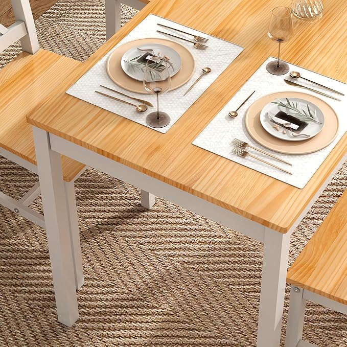 sogesfurniture 5-Piece Dining Table Set, Pine Wood Kitchen Table with 4 Chairs,Indoor Modern Rectangular Dining Table Furniture Set for Kitchen, Dining Room, Dinette, Breakfast Nook, Oak&White - LeafyLoom