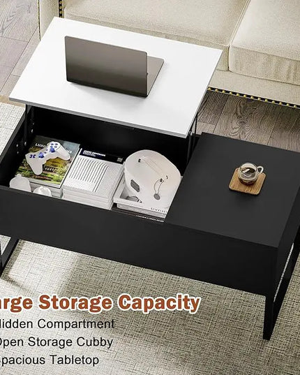 Black Coffee Table with White Lift Top - Modern Industrial Coffee Table with Lifting Top and Hide Compartment Storage - 40 Inch Rectangle Lift Coffee Tables for Living Room - LeafyLoom