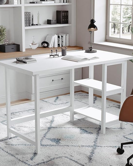 Martha Stewart Beckett Modern Trestle Desk with Open Side Shelving in White Wood Grain Finish - LeafyLoom