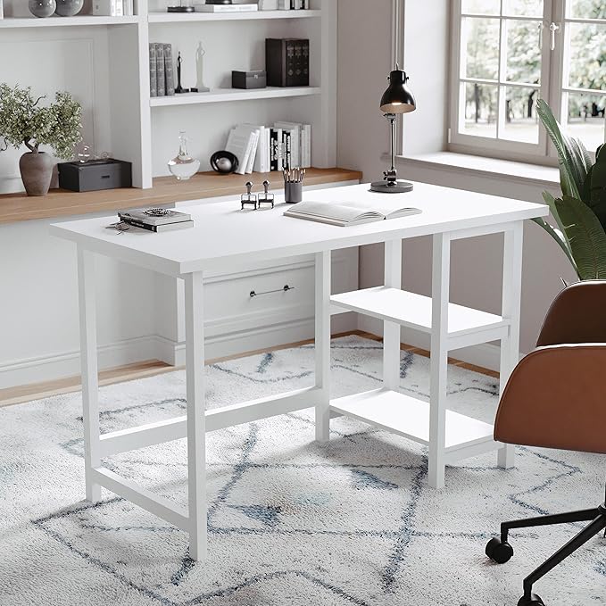 Martha Stewart Beckett Modern Trestle Desk with Open Side Shelving in White Wood Grain Finish - LeafyLoom