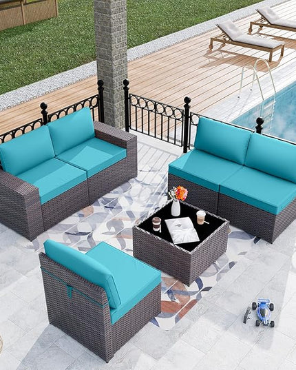 Patio Furniture Set Sofa 6-Piece Wicker PE Rattan Sectional Sofa Set, Outdoor Furniture Patio Conversation Sofa Set with Glass Coffee Table, Blue - LeafyLoom