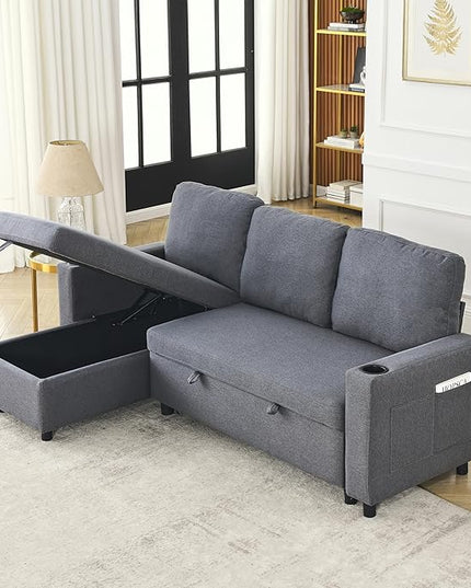 Reversible Sleeper Sectional Sofa with Storage Chaise and Pull Out Bed, L Shaped Linen Upholstery Convertible Corner Couch Sofabed with Cup Holders & Side Pockets for Living Room Office - LeafyLoom