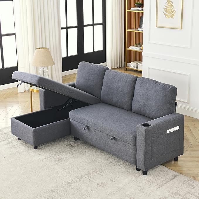 Reversible Sleeper Sectional Sofa with Storage Chaise and Pull Out Bed, L Shaped Linen Upholstery Convertible Corner Couch Sofabed with Cup Holders & Side Pockets for Living Room Office - LeafyLoom