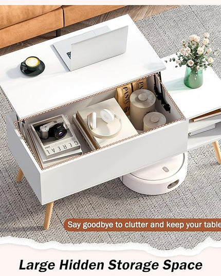 White Lift Top Coffee Table, Wood Coffee Table with Lifting Top Storage, Mid-Century Modern Coffee Table for Living Room, Small Space - LeafyLoom