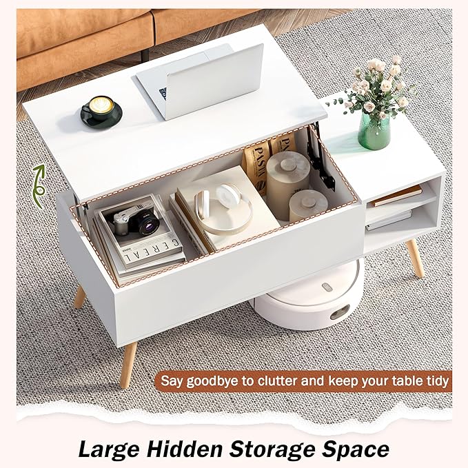 White Lift Top Coffee Table, Wood Coffee Table with Lifting Top Storage, Mid-Century Modern Coffee Table for Living Room, Small Space - LeafyLoom