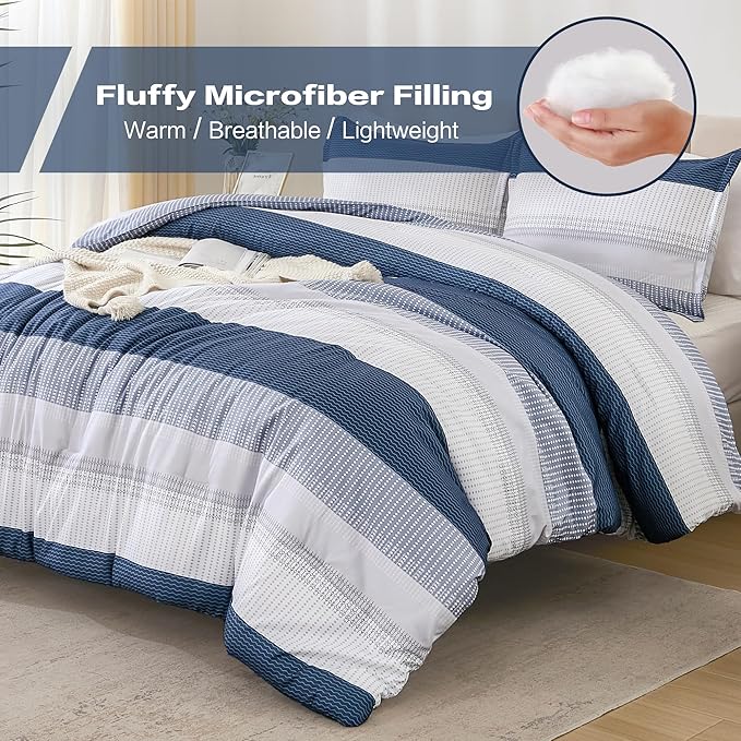 Litanika Mineral Blue Bed Comforter Set Twin/Twin XL Size, 2 Pieces Lightweight Striped Bedding Comforter Set, Soft All Season Down Alternative Comforter (1 Comforter, 1 Pillowcase) - LeafyLoom