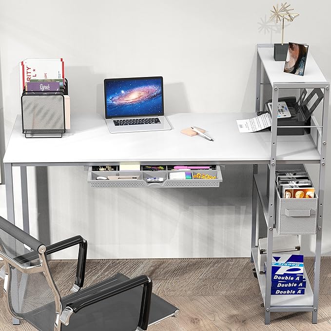 SHW 46-Inch Mission Desk with Side Shelf, 24" Deep, White - LeafyLoom