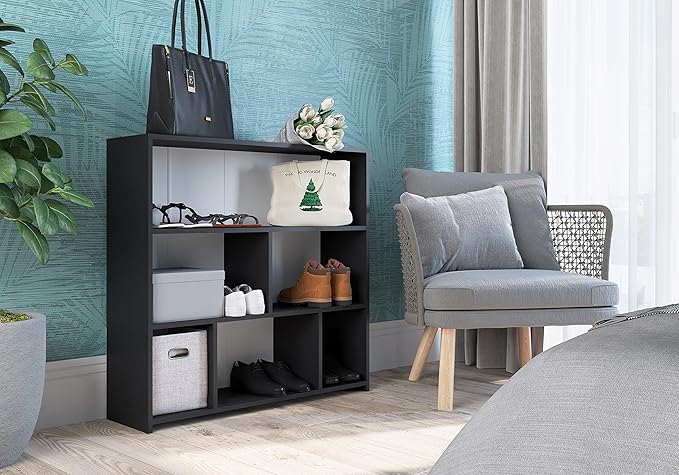 Art in Moveis Mid Century Modern Bookshelf, 6 Cube Storage Shelf - 3 Tier Retro Bookshelf CARB-Free Engineered Wood - Black - LeafyLoom