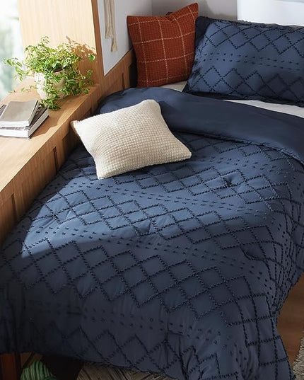 Bedsure Twin/Twin XL Comforter Set - Navy Boho Twin Extra Long Comforter Set for College, Shabby Chic Dorm Bedding Set, 2 Pieces Modern Farmhouse Bed Set, includes 1 Pillow Sham - LeafyLoom