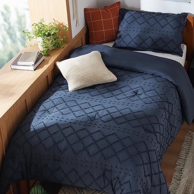 Bedsure Twin/Twin XL Comforter Set - Navy Boho Twin Extra Long Comforter Set for College, Shabby Chic Dorm Bedding Set, 2 Pieces Modern Farmhouse Bed Set, includes 1 Pillow Sham - LeafyLoom