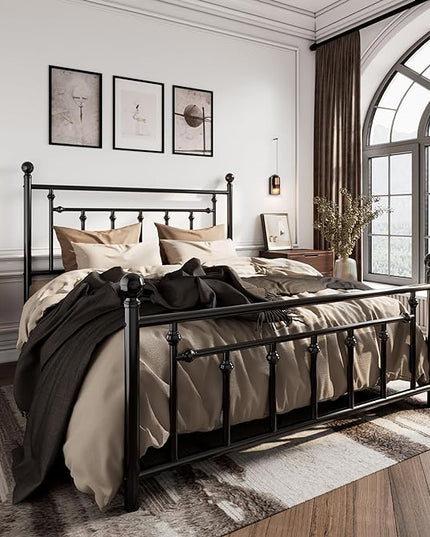 SHA CERLIN 14'' Queen Size Metal Platform Bed Frame/Victorian Headboard and Footboard/Steel Slats Mattress Foundation for Storage/No Box Spring Needed/Noise Free/Black - LeafyLoom