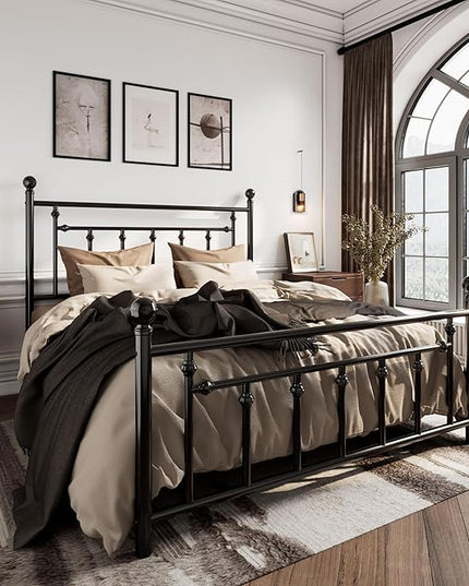 SHA CERLIN 14'' Full Size Metal Platform Bed Frame/Victorian Headboard and Footboard/Steel Slats Mattress Foundation for Storage/No Box Spring Needed/Noise Free/Black - LeafyLoom