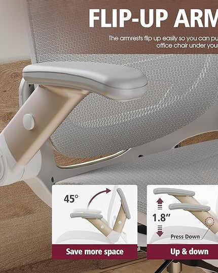 GABRYLLY Ergonomic Office Chair, High Back Home Desk Chair with Headrest, Flip-Up Arms, 90-120° Tilt Lock and Wide Cushion, Big and Tall Mesh Chairs for Man Woman, White Task Chair - LeafyLoom