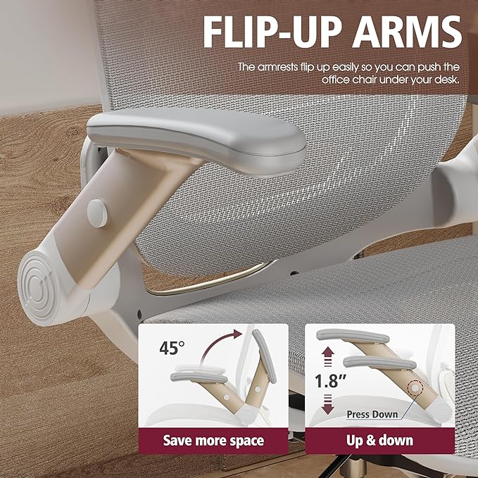 GABRYLLY Ergonomic Office Chair, High Back Home Desk Chair with Headrest, Flip-Up Arms, 90-120° Tilt Lock and Wide Cushion, Big and Tall Mesh Chairs for Man Woman, White Task Chair - LeafyLoom